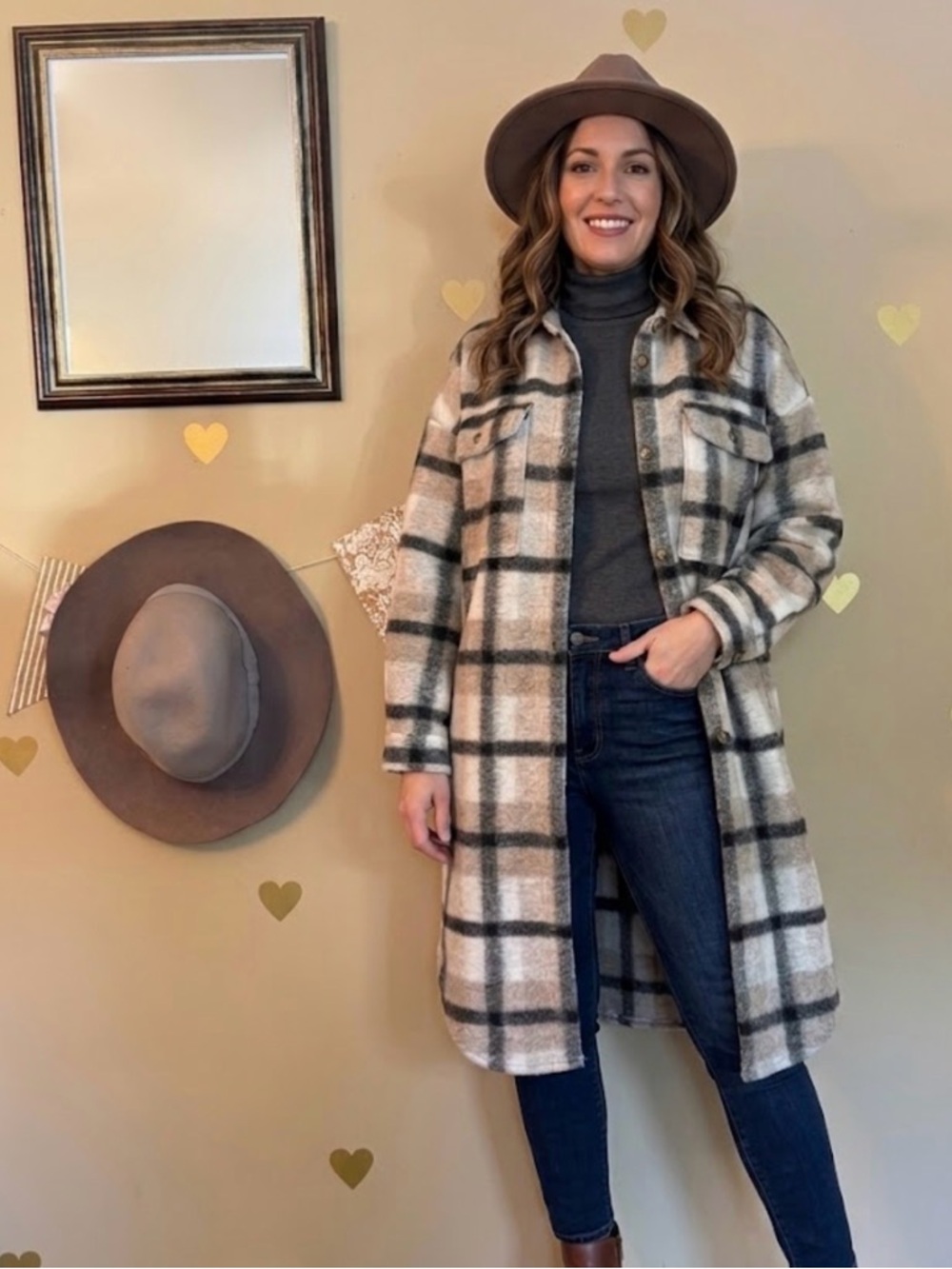 Noisy May Long Wool Blend Plaid Shacket Coat